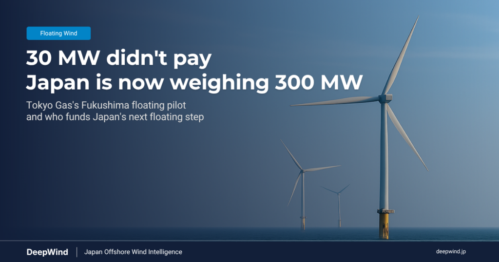 Tokyo Gas 30 MW floating offshore wind pilot off Naraha and Tomioka, Fukushima, reported cancelled, and Japan's floating wind demonstration ladder